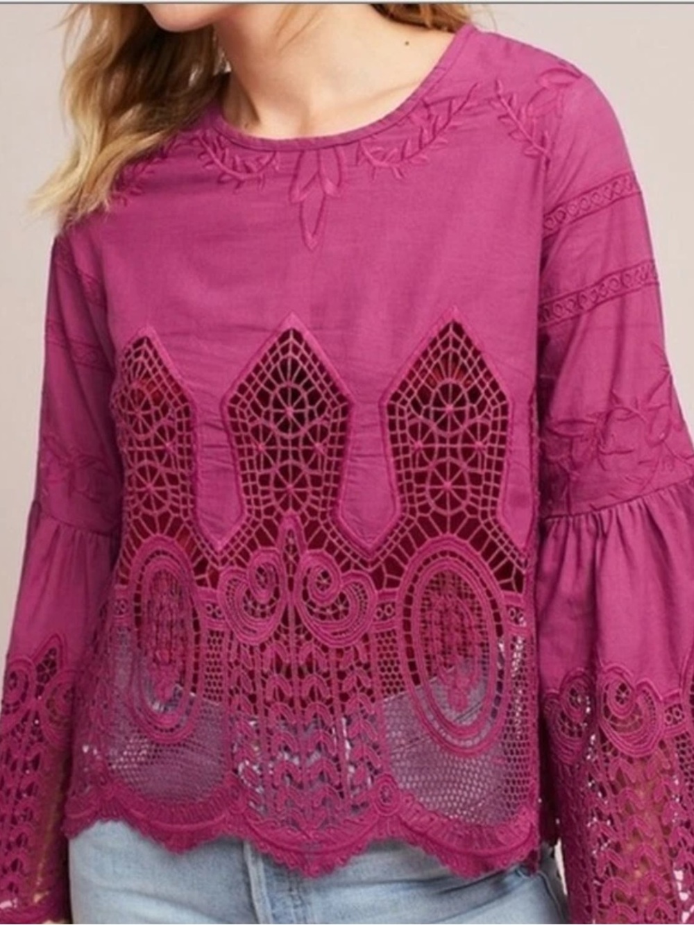 Anthropologie Chloe Oliver Lace Embroidered Blouse boho Size XS